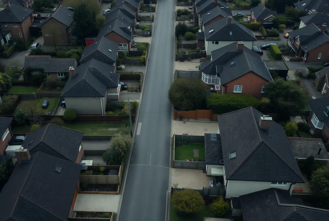 Residential street of houses with gardens, photographed from above